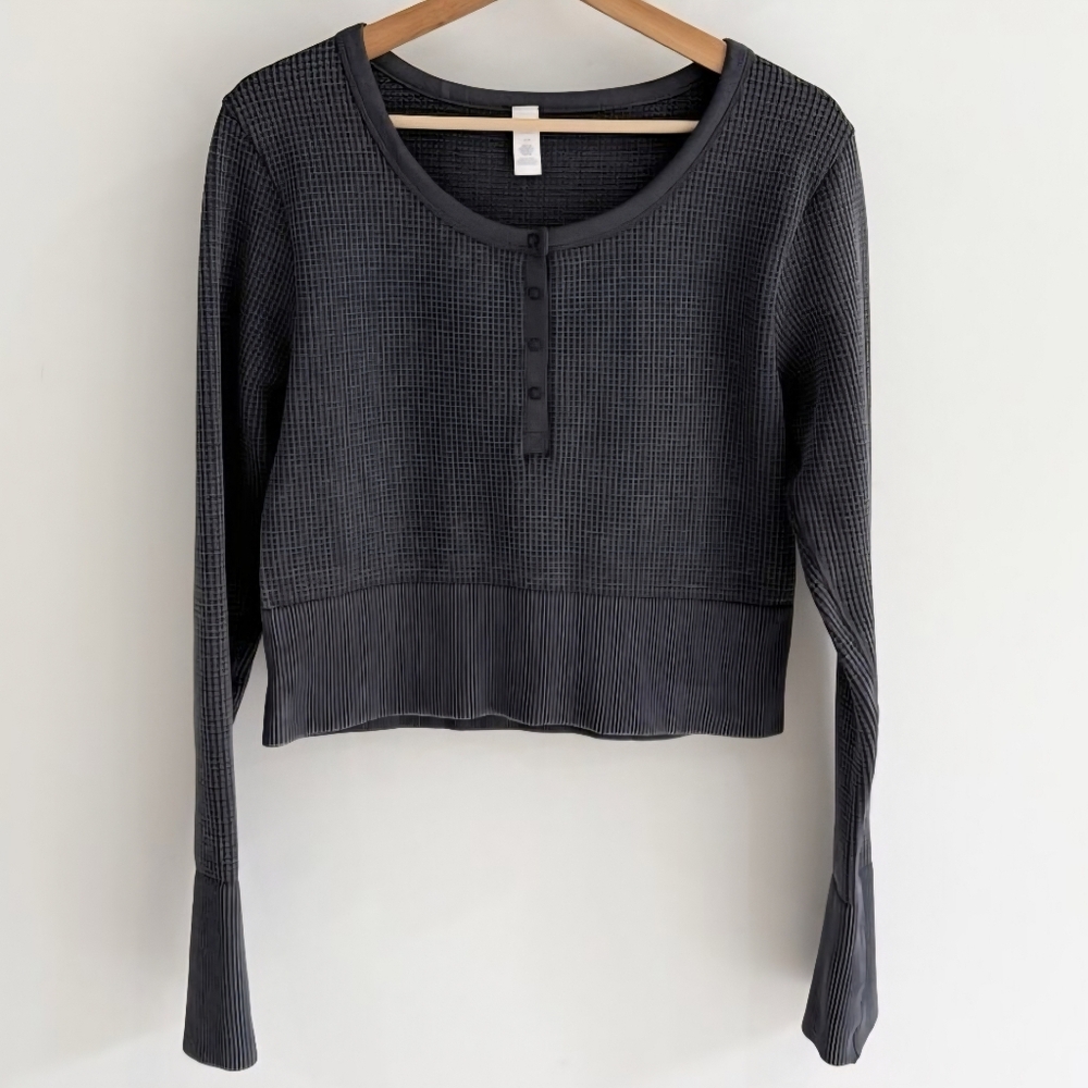 Aerie Waffle Knit Cropped Henley Long Sleeve Sweater Size XL